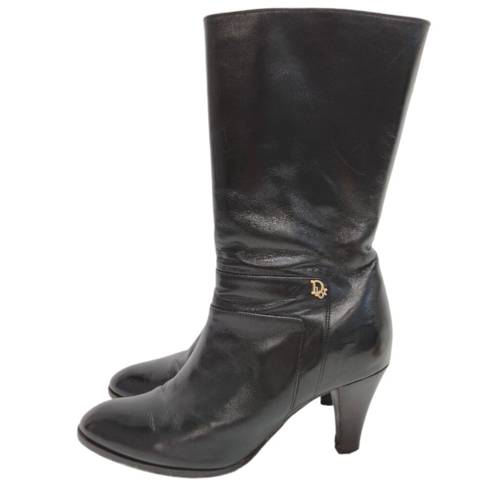 Christian Dior Black Leather Mid Calf Boots Metal Logos Inside Zippers Size 5